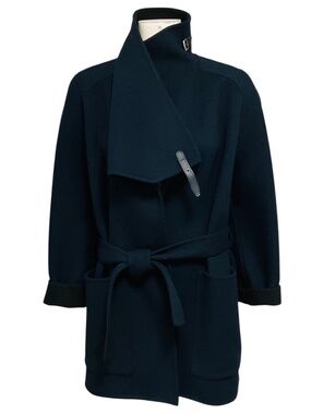 HERMES NAVY BLUE / BLACK CASHMERE BLANKET COAT WITH BELT